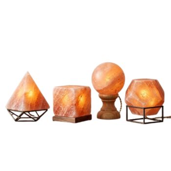 Geometrical Himalayan pink salt lamps in pyramid, cube, sphere and hexagonal shapes
