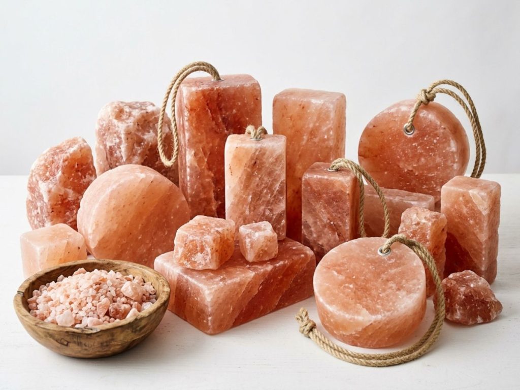 Himalayan animal salt lick collection in different sizes and shapes with hanging ropes


