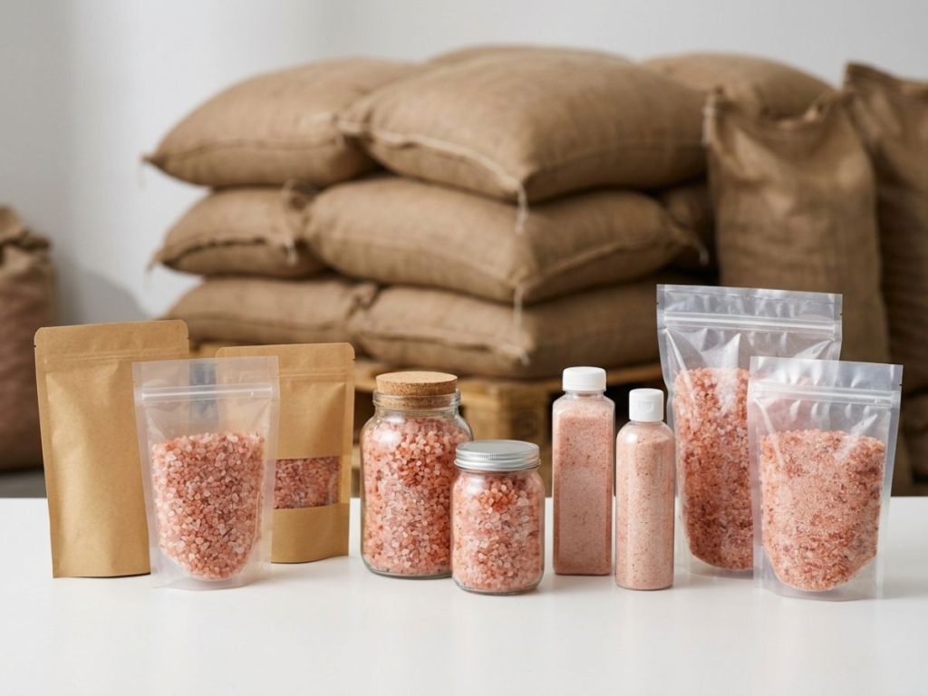Packaging options for Himalayan bath salts including pouches, jars, PET bottles, and bulk packaging

