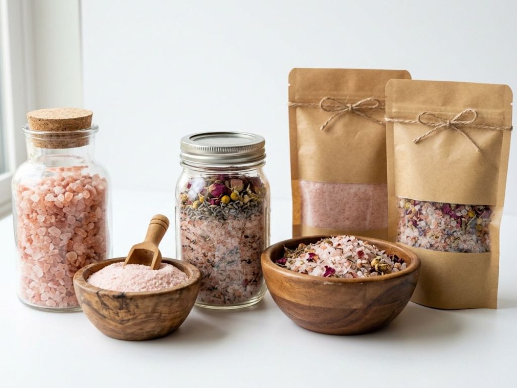 Himalayan pink bath salt collection including fine, coarse, and aromatherapy blends


