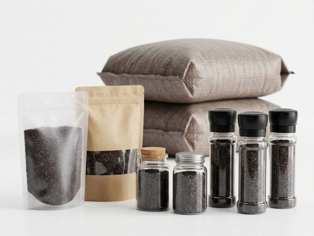 Packaging options for Himalayan black salt including pouches, jars, PET bottles, and bulk bags