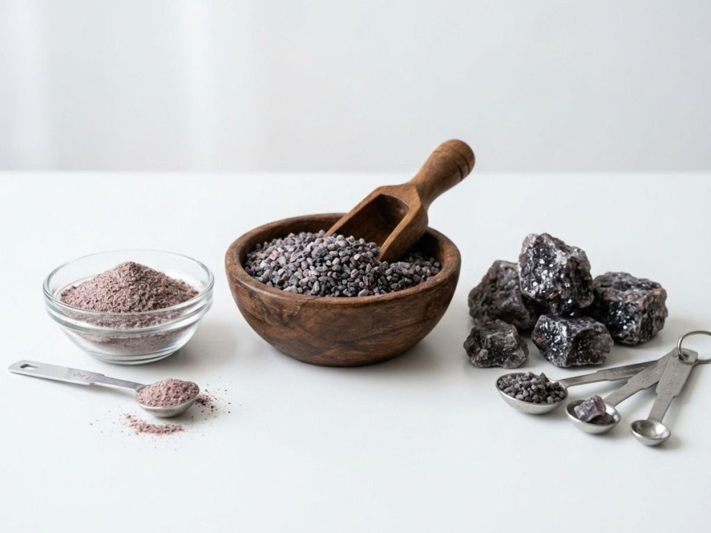 Himalayan black salt products including fine powder, coarse grains, crystals, and chunks