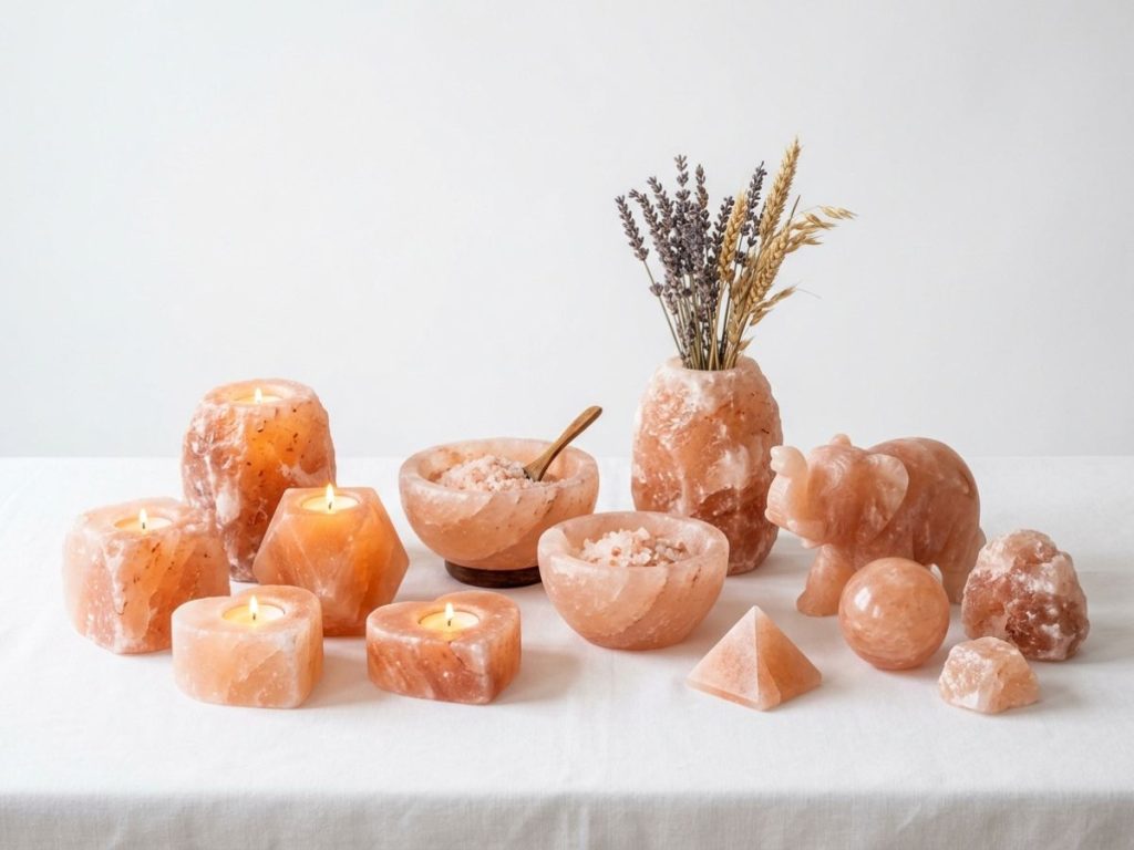 Himalayan decorative salt products collection including candle holders, bowls, vases, and sculptures

