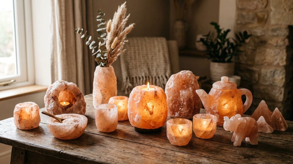 Handcrafted Himalayan pink salt decorative products including candle holders, bowls, vases, and sculptures

