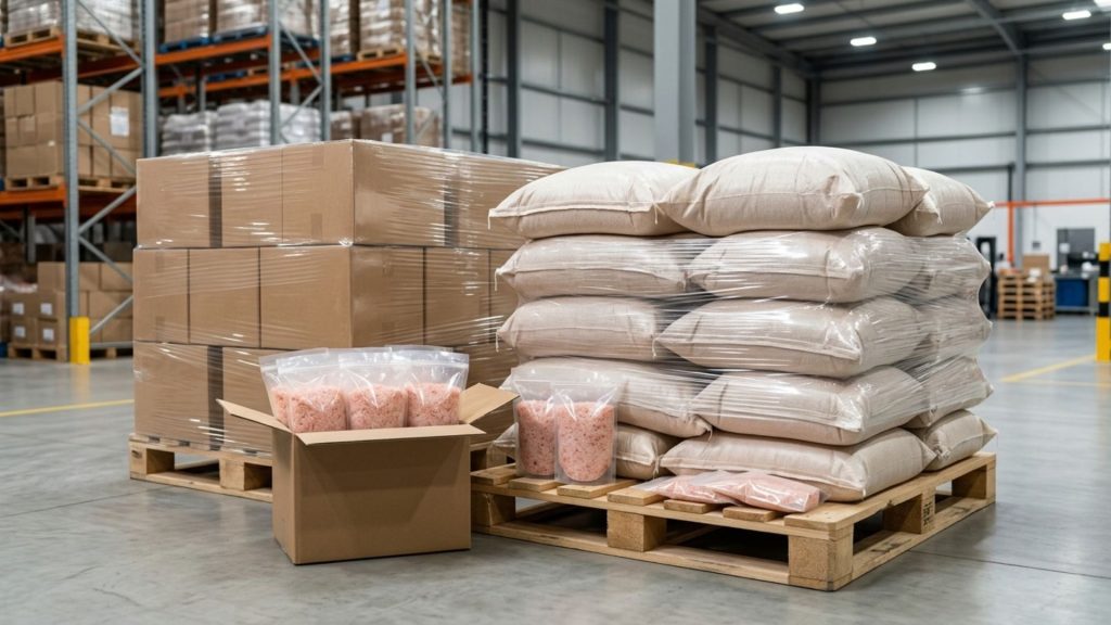 Bulk and export packaging for Himalayan pink salt including 25kg and 50kg bags and export cartons