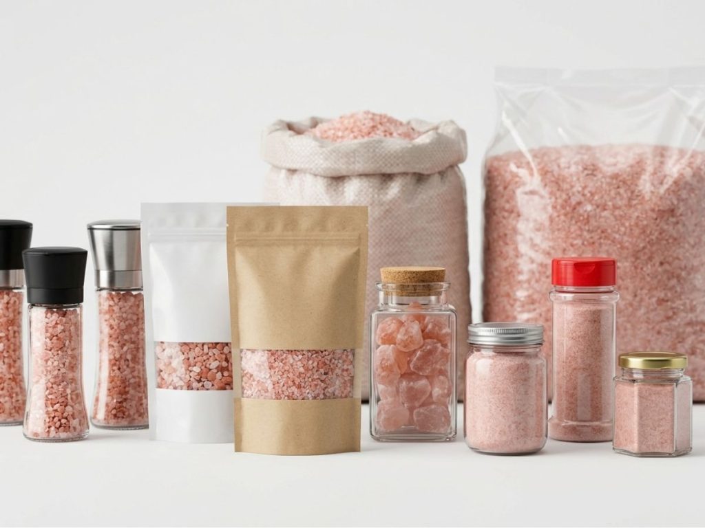 Himalayan pink salt packaging options including pouches, jars, PET bottles, spice grinders, and bulk bags

