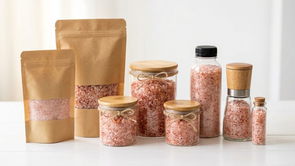 Himalayan pink salt private label and customized packaging solutions including pouches, jars, and bottles
