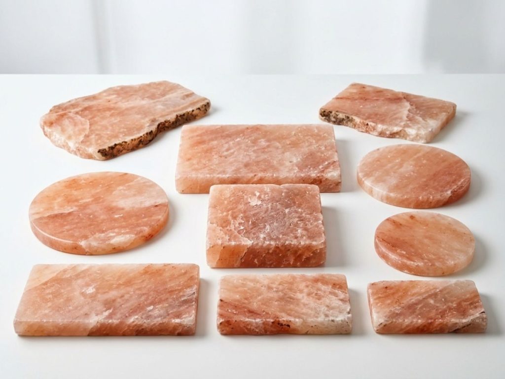 Himalayan salt cooking and serving collection including plates, grilling blocks, slabs, and platters