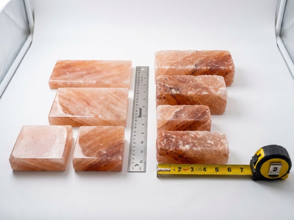 himalayan-salt-tiles-sizes-customization Himalayan salt tiles and bricks available in different sizes, thicknesses, and custom finishes