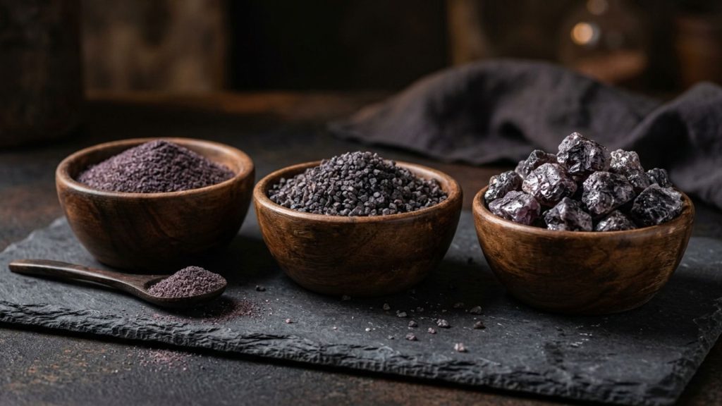 Premium Himalayan black salt in fine powder, coarse grains, and crystals from Pakistan


