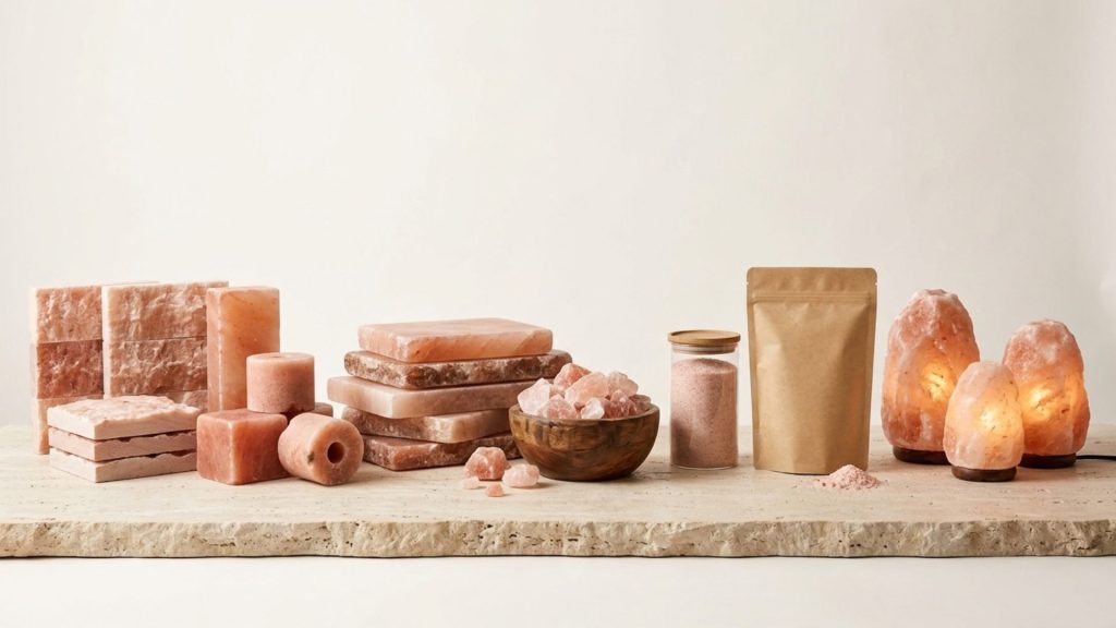 Himalayan Pink Salt Blog featuring salt tiles, serving plates, packaging, crystals, and lamps